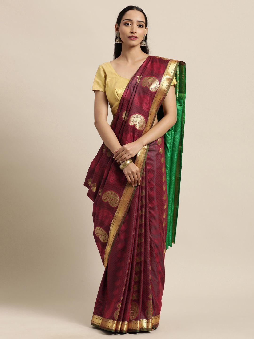 thara saree maroon & green woven design zari art silk kanjeevaram sarees