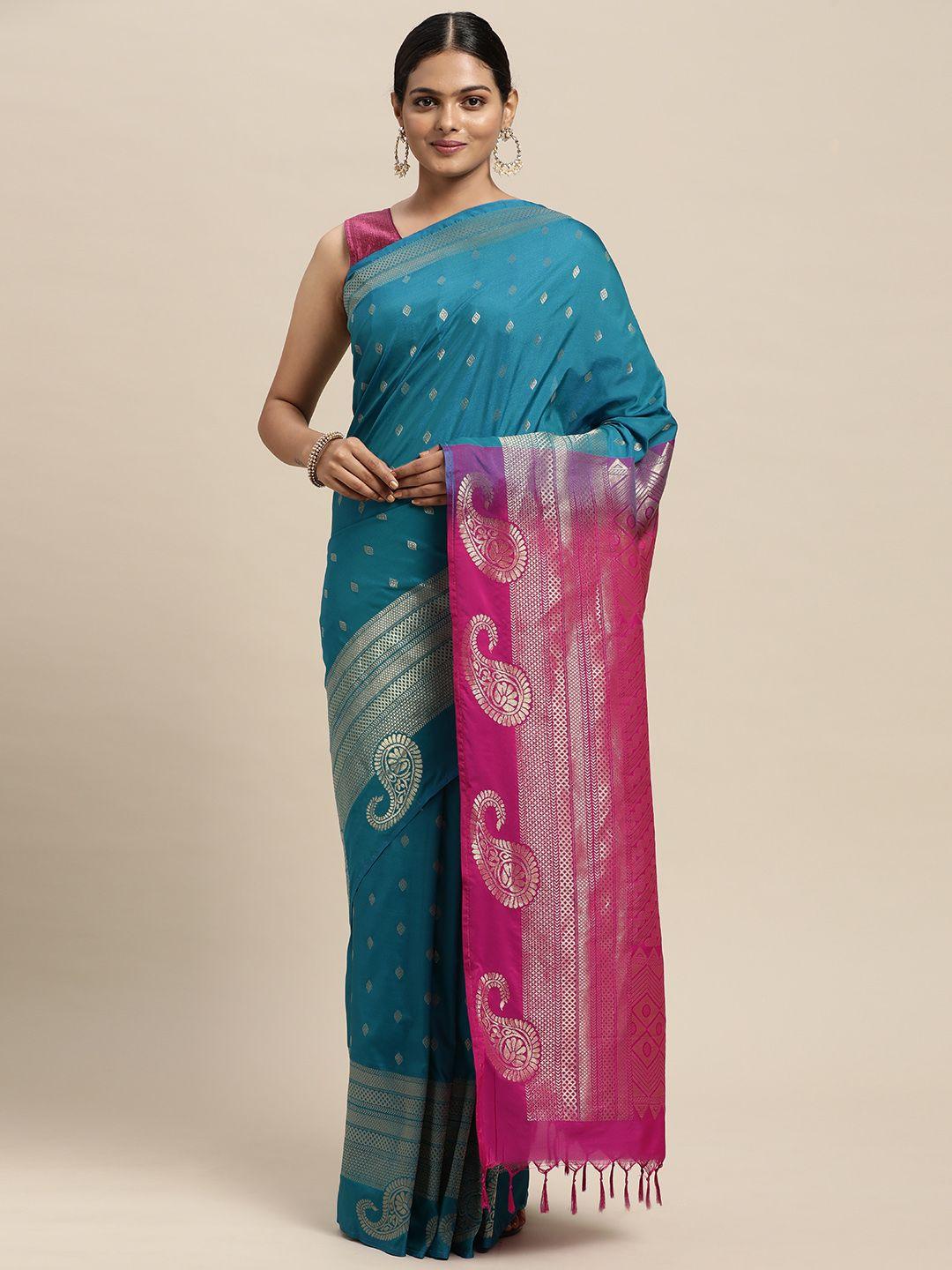 thara sarees blue & pink ethnic motifs zari art silk kanjeevaram saree