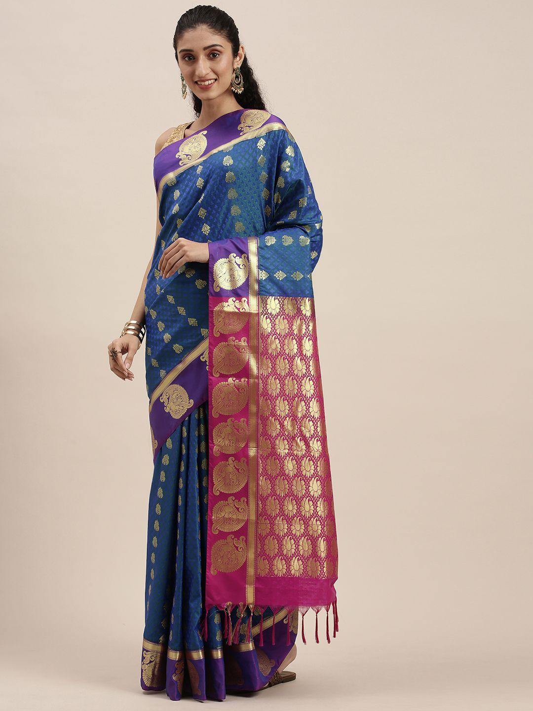 thara sarees blue & pink ethnic motifs zari kanjeevaram saree