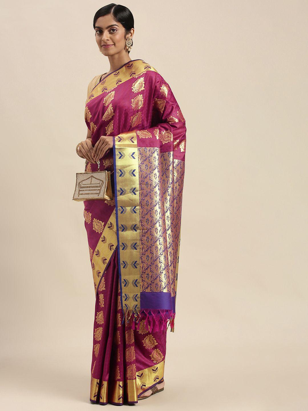 thara sarees magenta pink & golden ethnic motifs zari art silk kanjeevaram saree