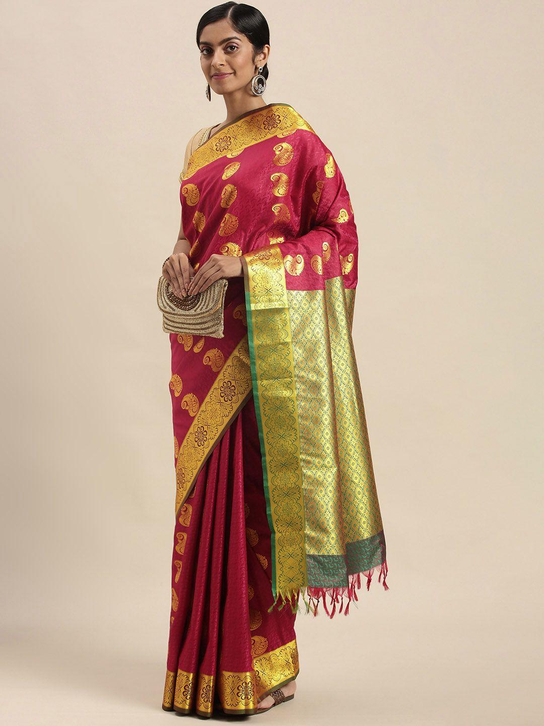 thara sarees magenta pink & golden ethnic motifs zari art silk kanjeevaram saree