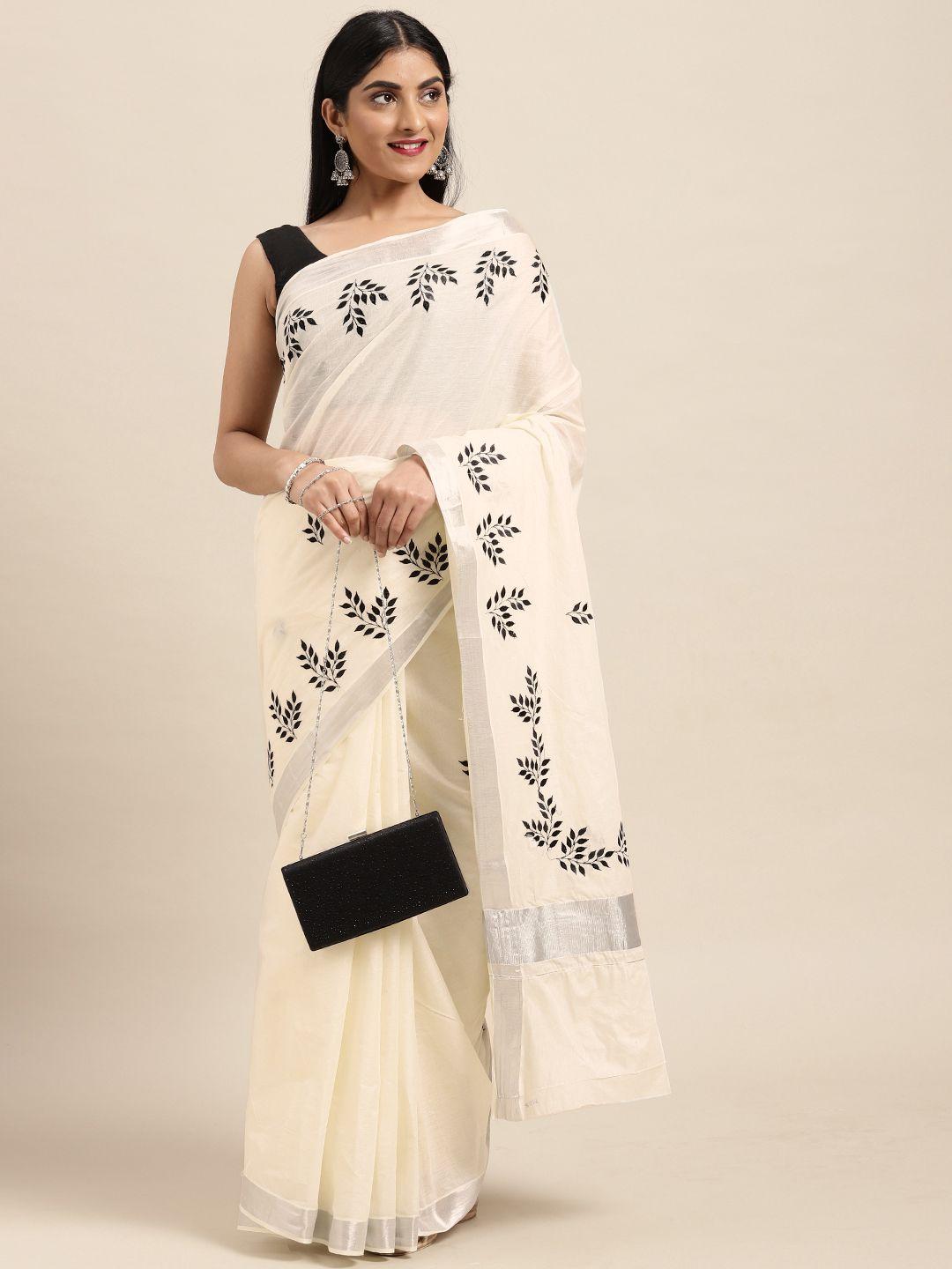 thara sarees off white & black ethnic motifs embroidered pure cotton kasavu saree