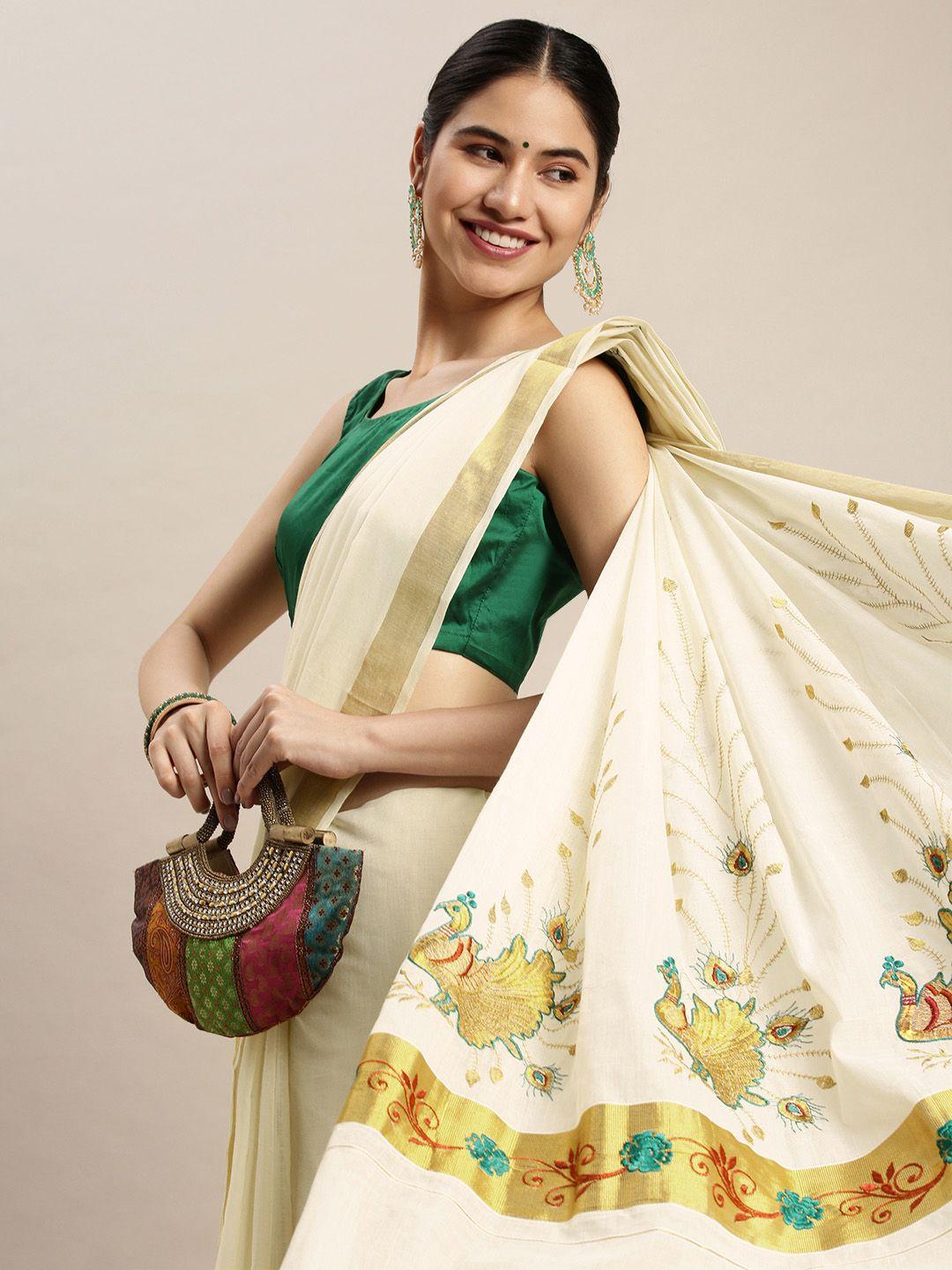 thara sarees off white & gold-toned ethnic motifs embroidered pure cotton kasavu saree