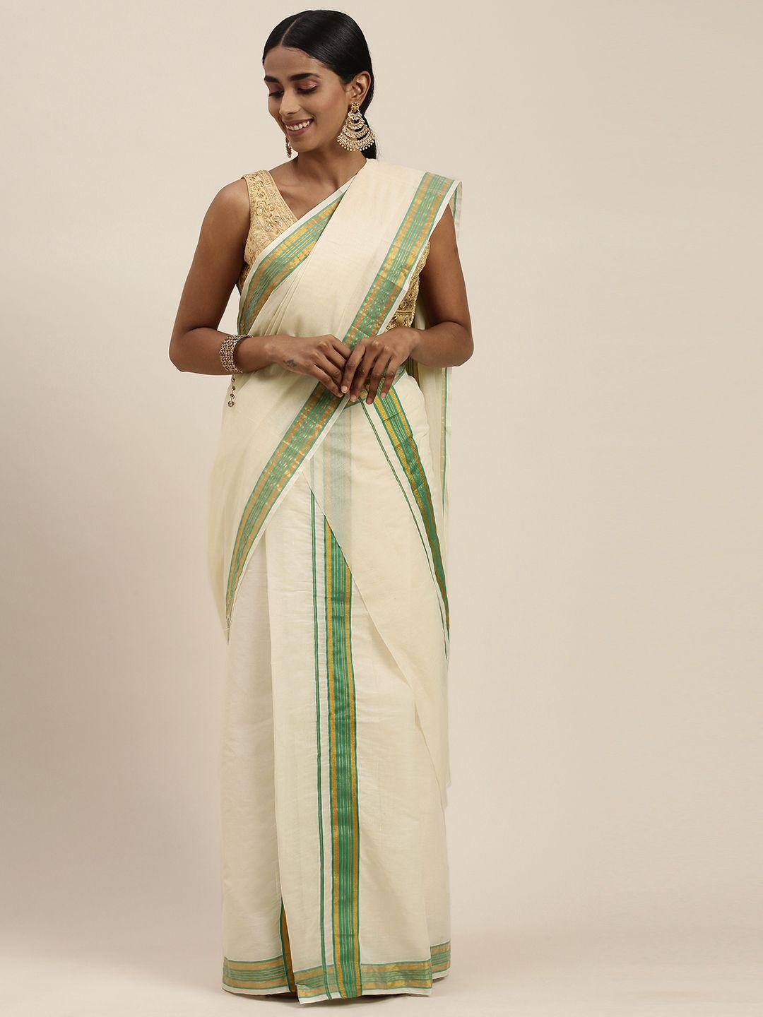 thara sarees off white & green zari pure cotton kasavu saree