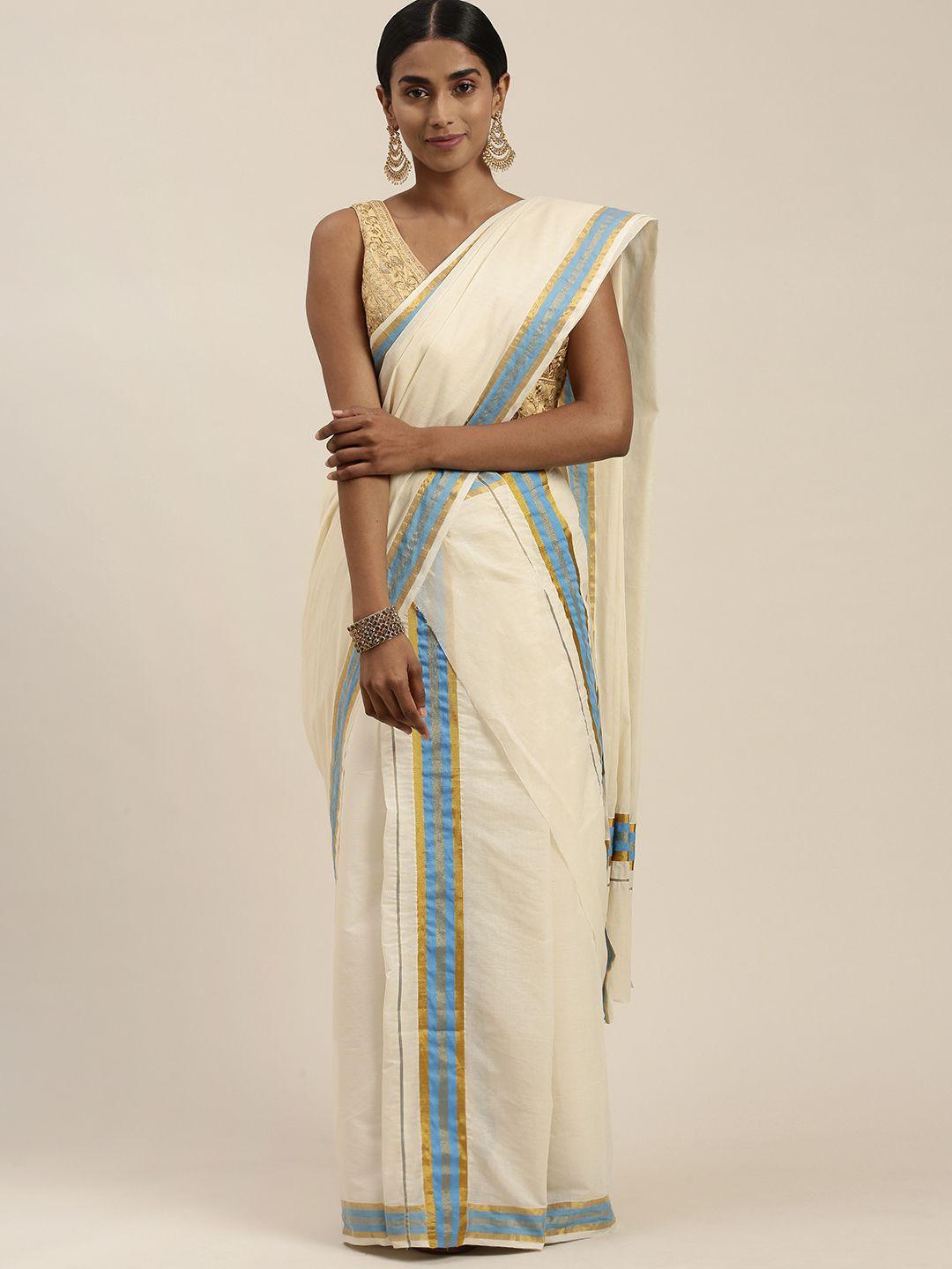 thara sarees off white zari pure cotton kasavu saree