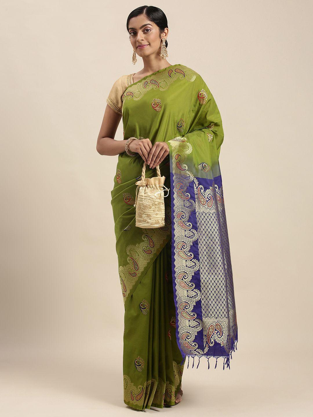 thara sarees olive green & blue ethnic motifs zari art silk kanjeevaram saree