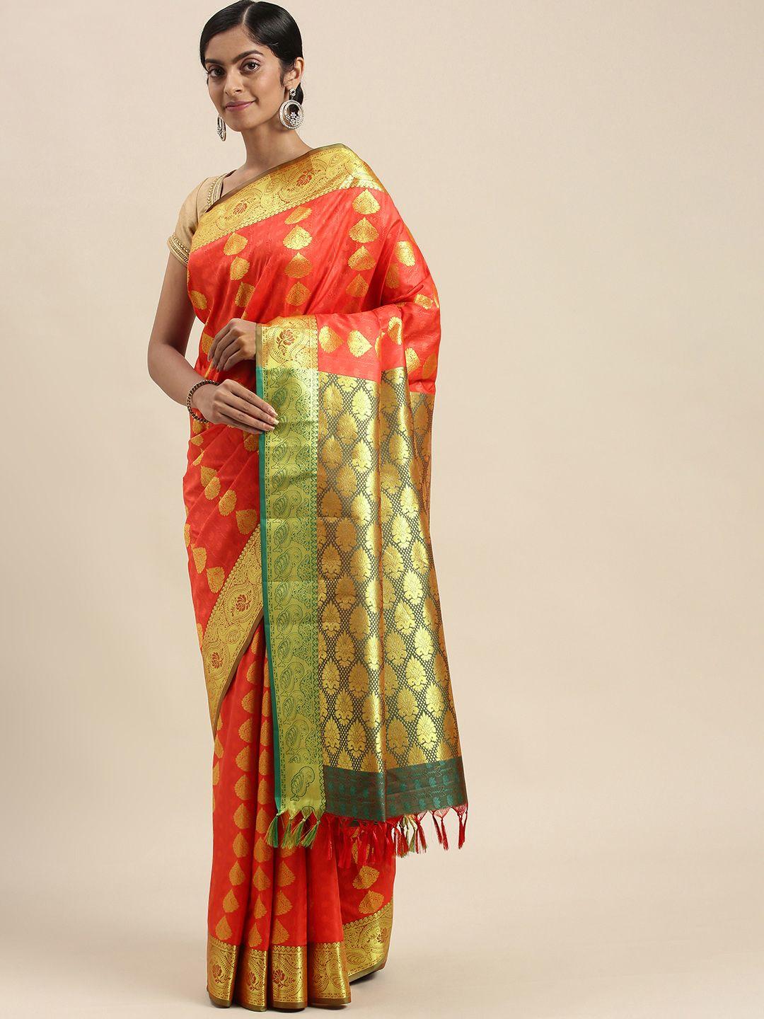 thara sarees orange & golden ethnic motifs zari art silk kanjeevaram saree