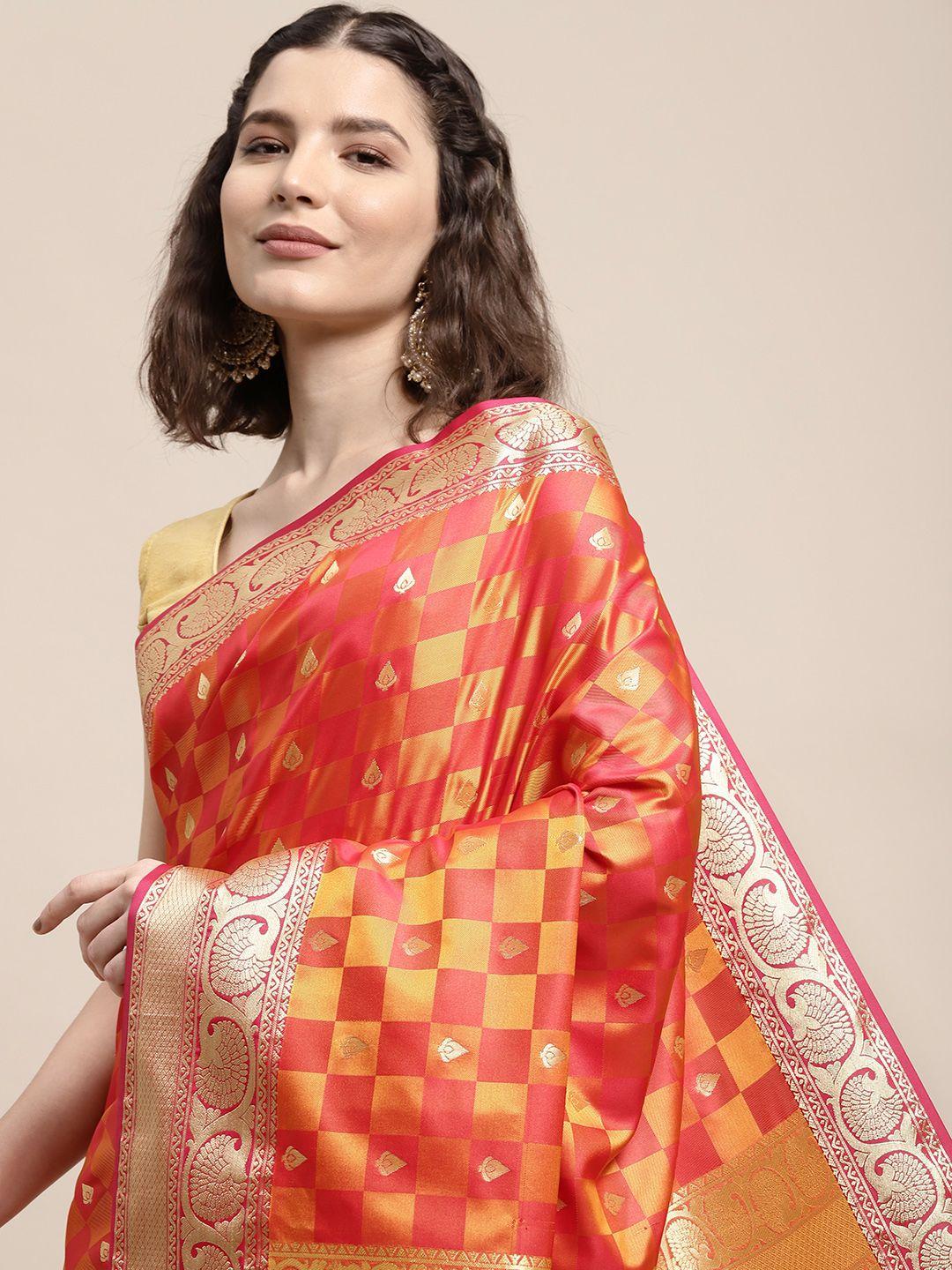 thara sarees orange & pink checked zari art silk kovai saree