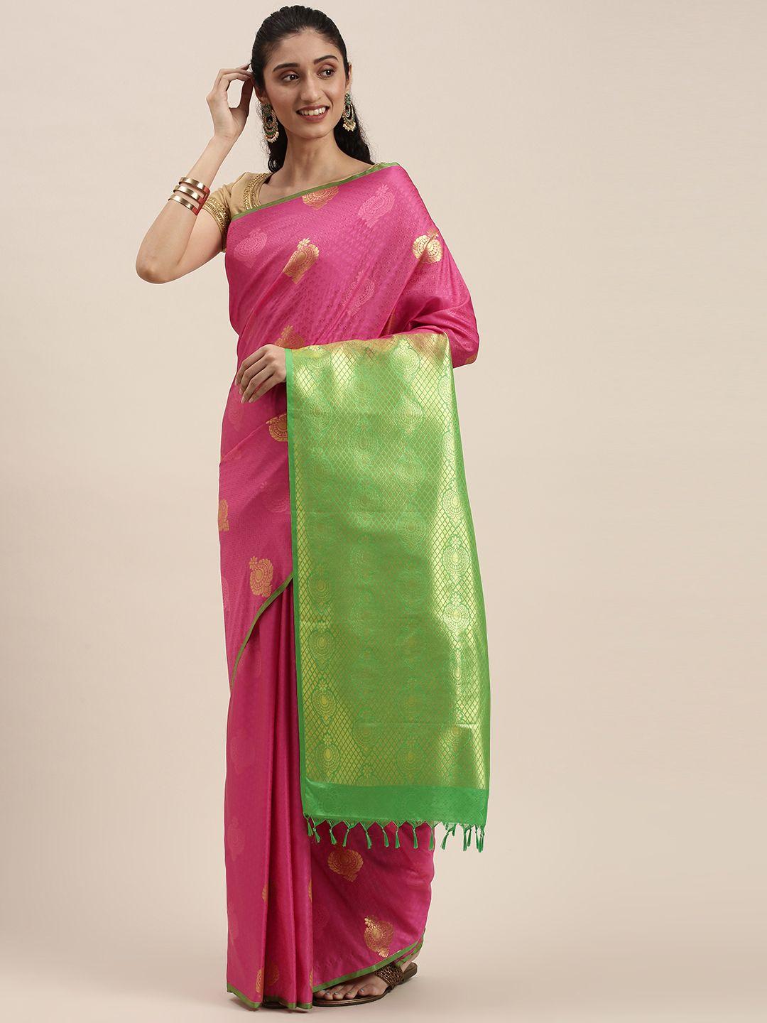 thara sarees pink & green ethnic motifs zari art silk kanjeevaram saree