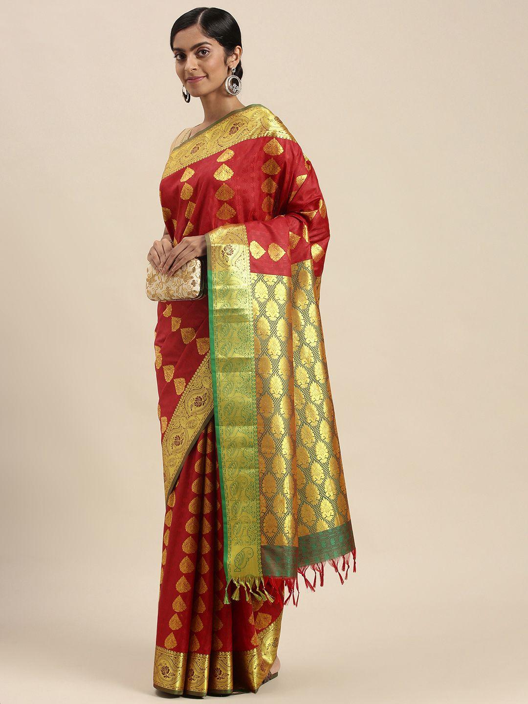 thara sarees red & golden ethnic motifs zari art silk kanjeevaram saree