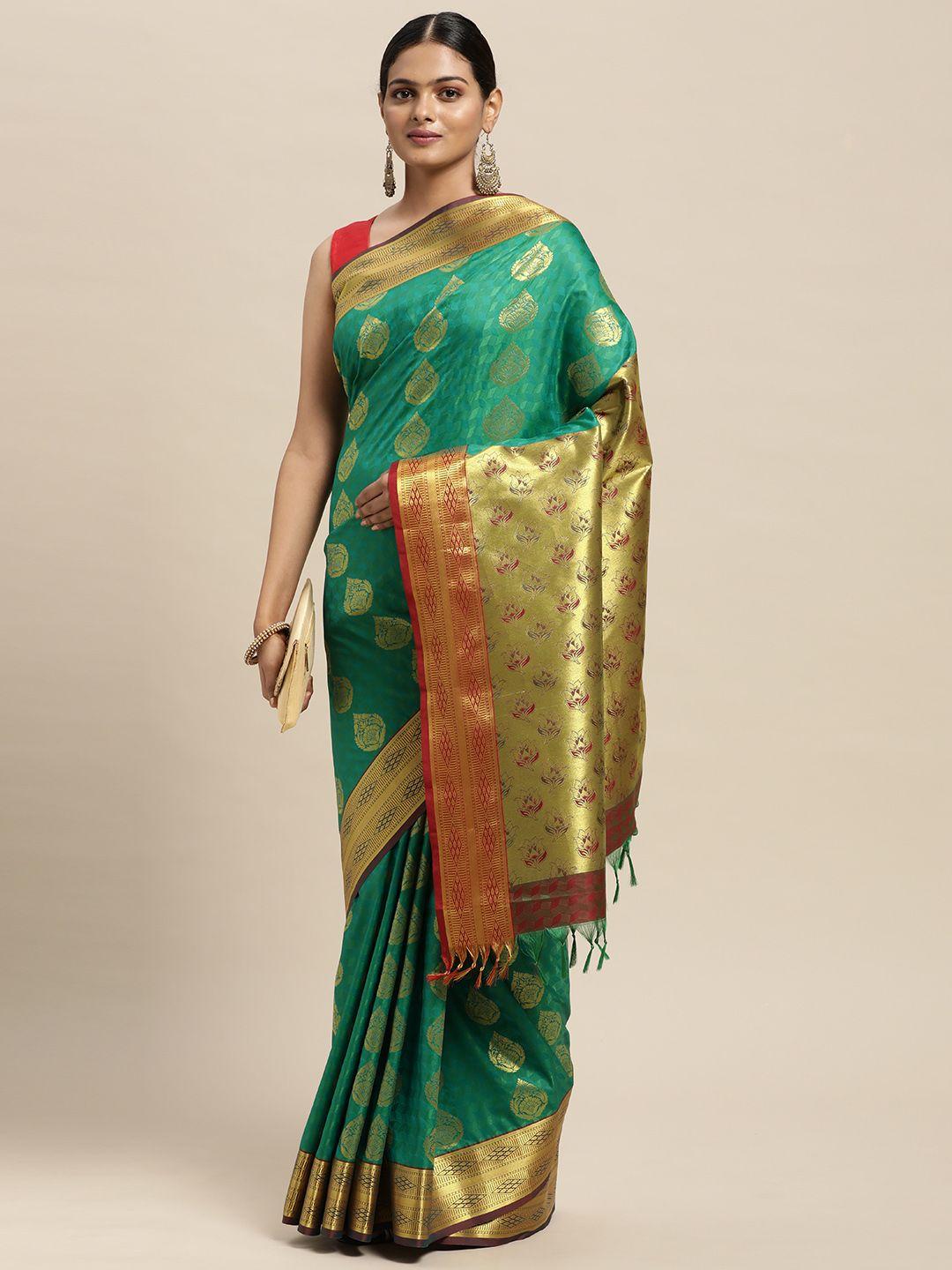 thara sarees teal green & golden ethnic motifs zari art silk kanjeevaram saree