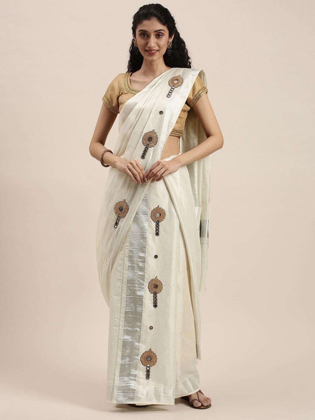 thara sarees white & silver-toned ethnic motifs aari work pure cotton kasavu saree