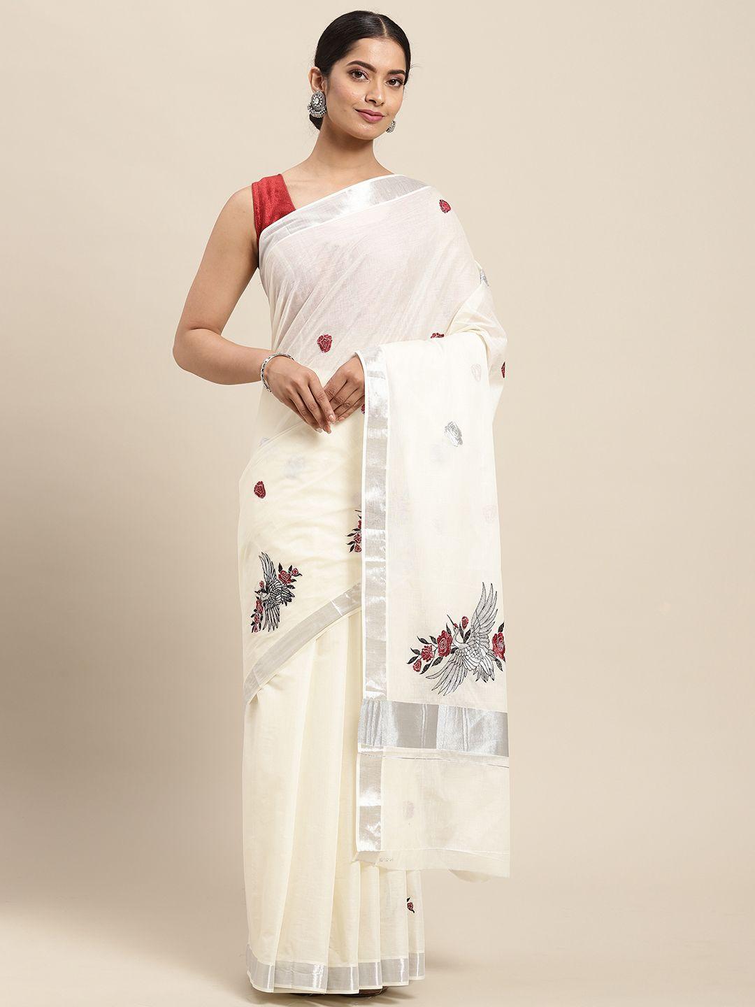 thara sarees women off white & silver ethnic motifs zari pure cotton kasavu saree