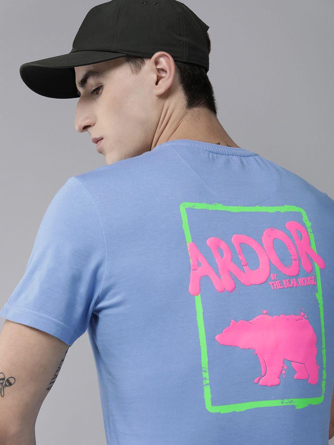 the bear house ardor edition men blue pure cotton brand logo printed slim fit t-shirt