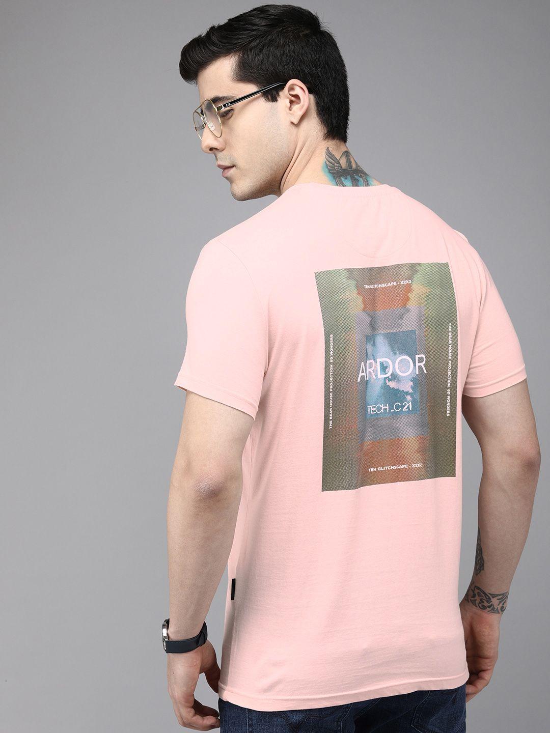 the bear house ardor edition men pink printed pure cotton slim fit t-shirt