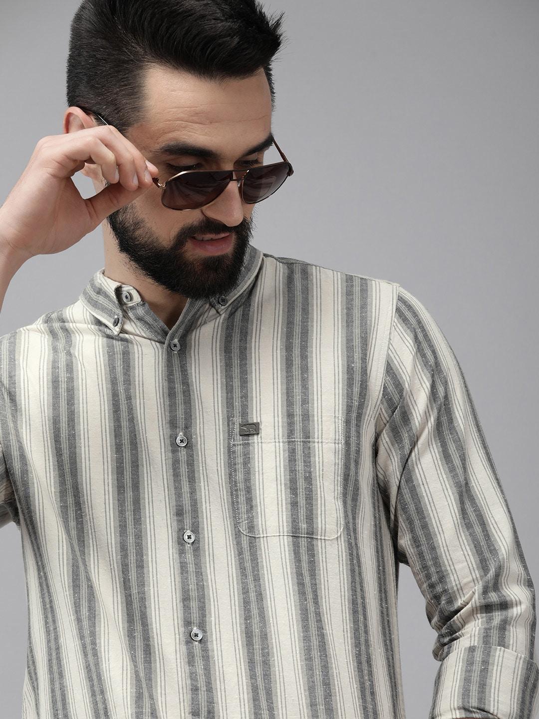 the bear house men beige & grey slim fit striped cotton casual shirt