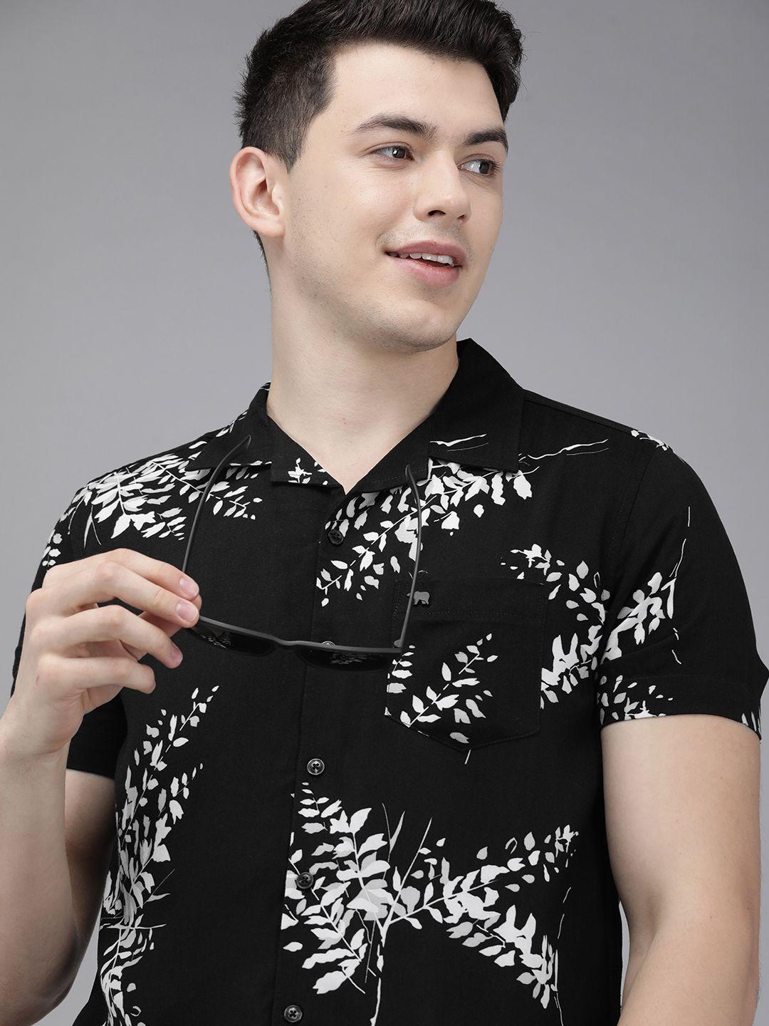 the bear house men black & white floral printed slim fit casual shirt