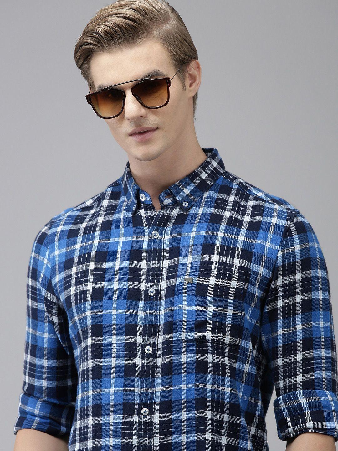 the bear house men blue slim fit opaque checked casual shirt