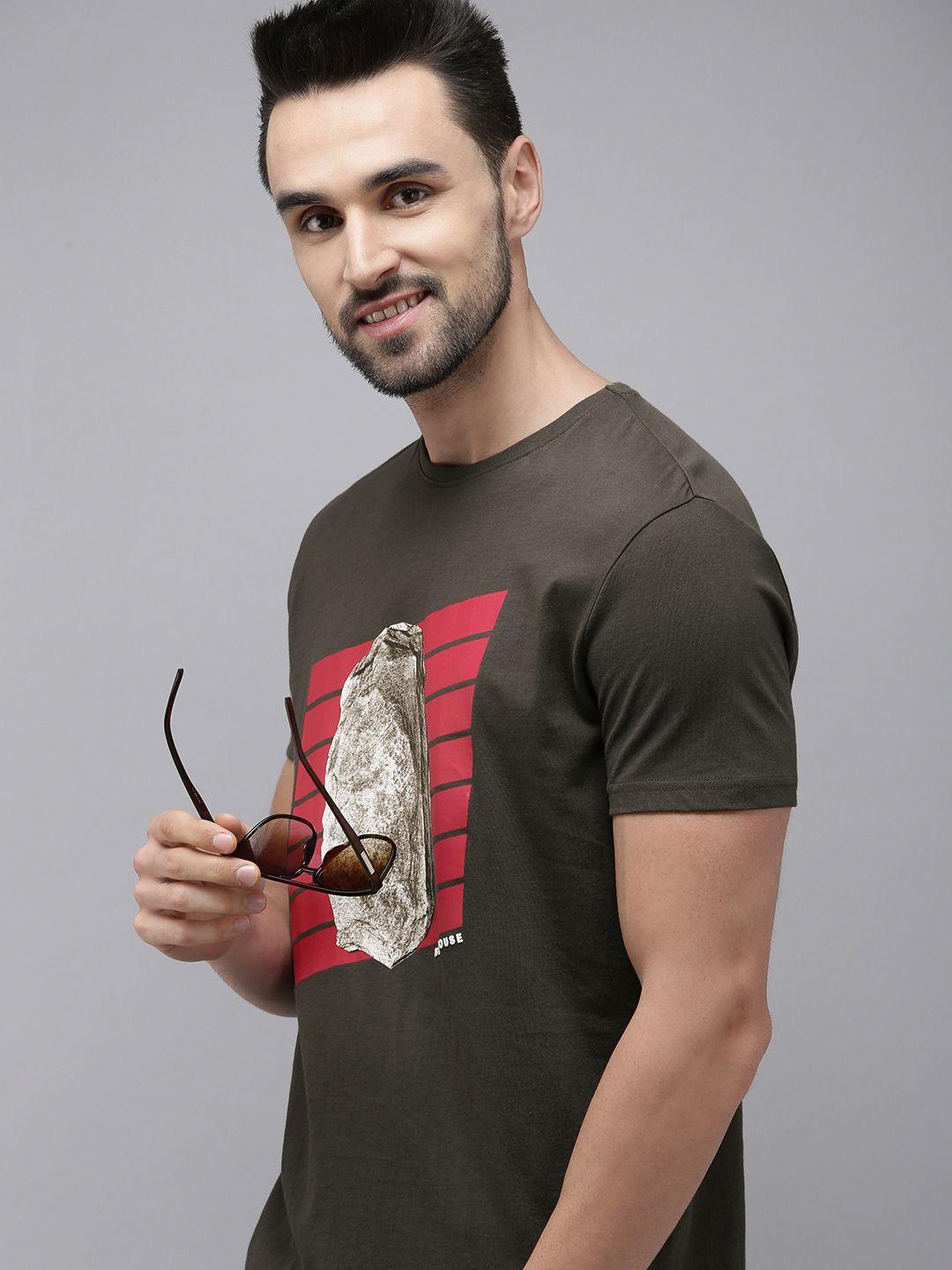 the bear house men charcoal & red printed pure cotton t-shirt
