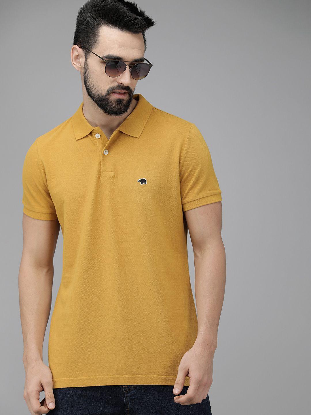 the bear house men mustard yellow polo collar pure cotton slim fit t-shirt