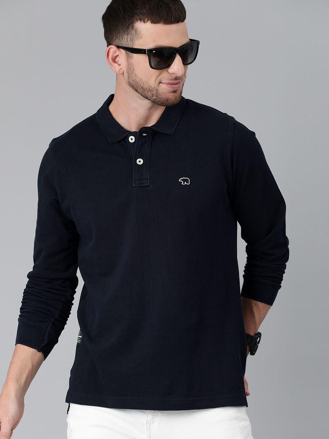the bear house men navy blue solid polo collar pure cotton t-shirt