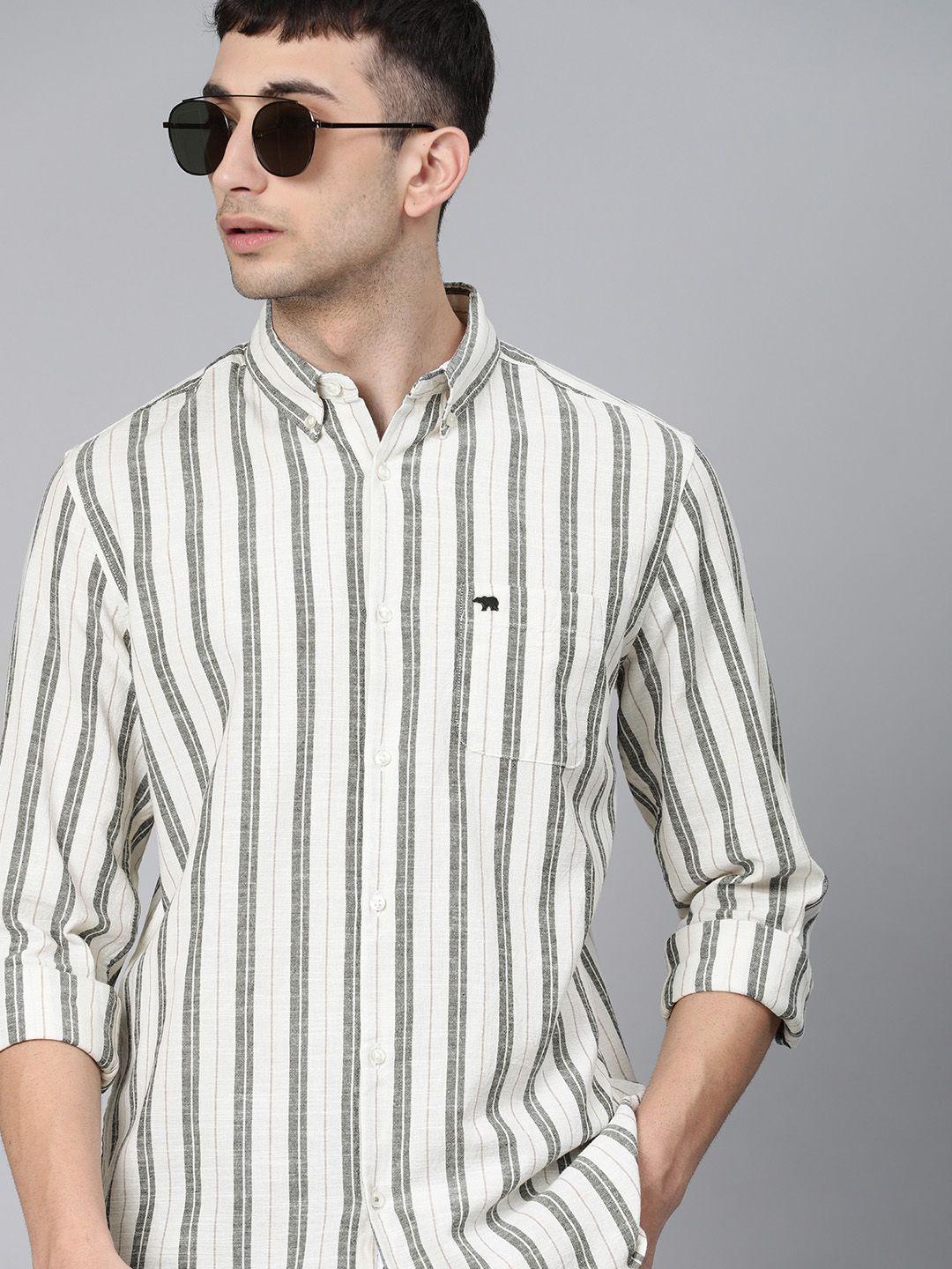 the bear house men off-white & black slim fit striped casual linen shirt