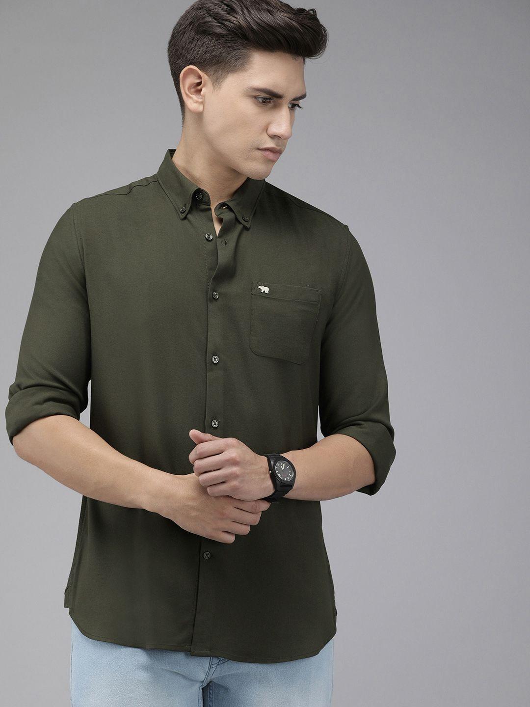 the bear house men olive green solid slim fit casual shirt