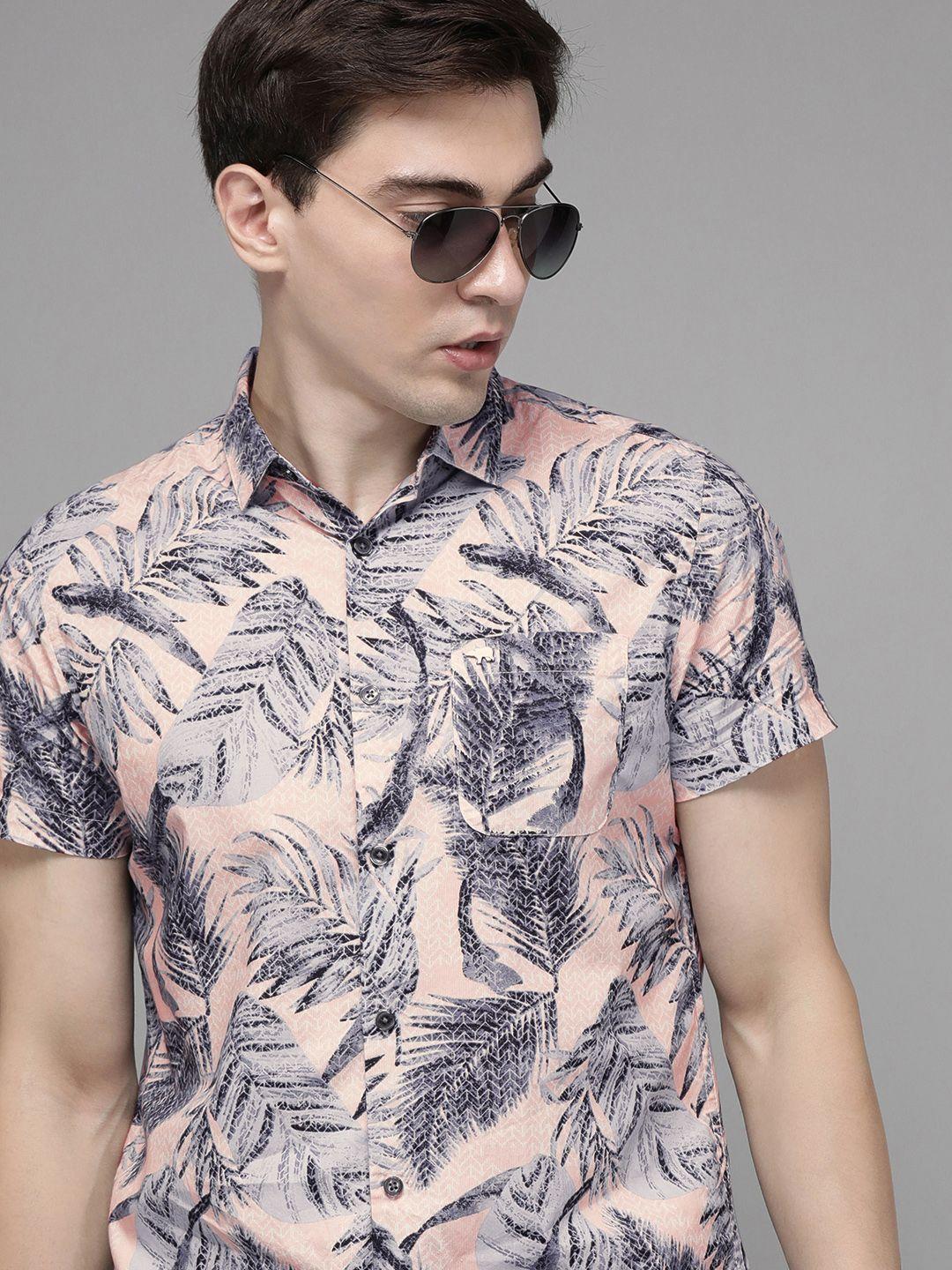 the bear house men peach-coloured slim fit floral print pure cotton casual shirt