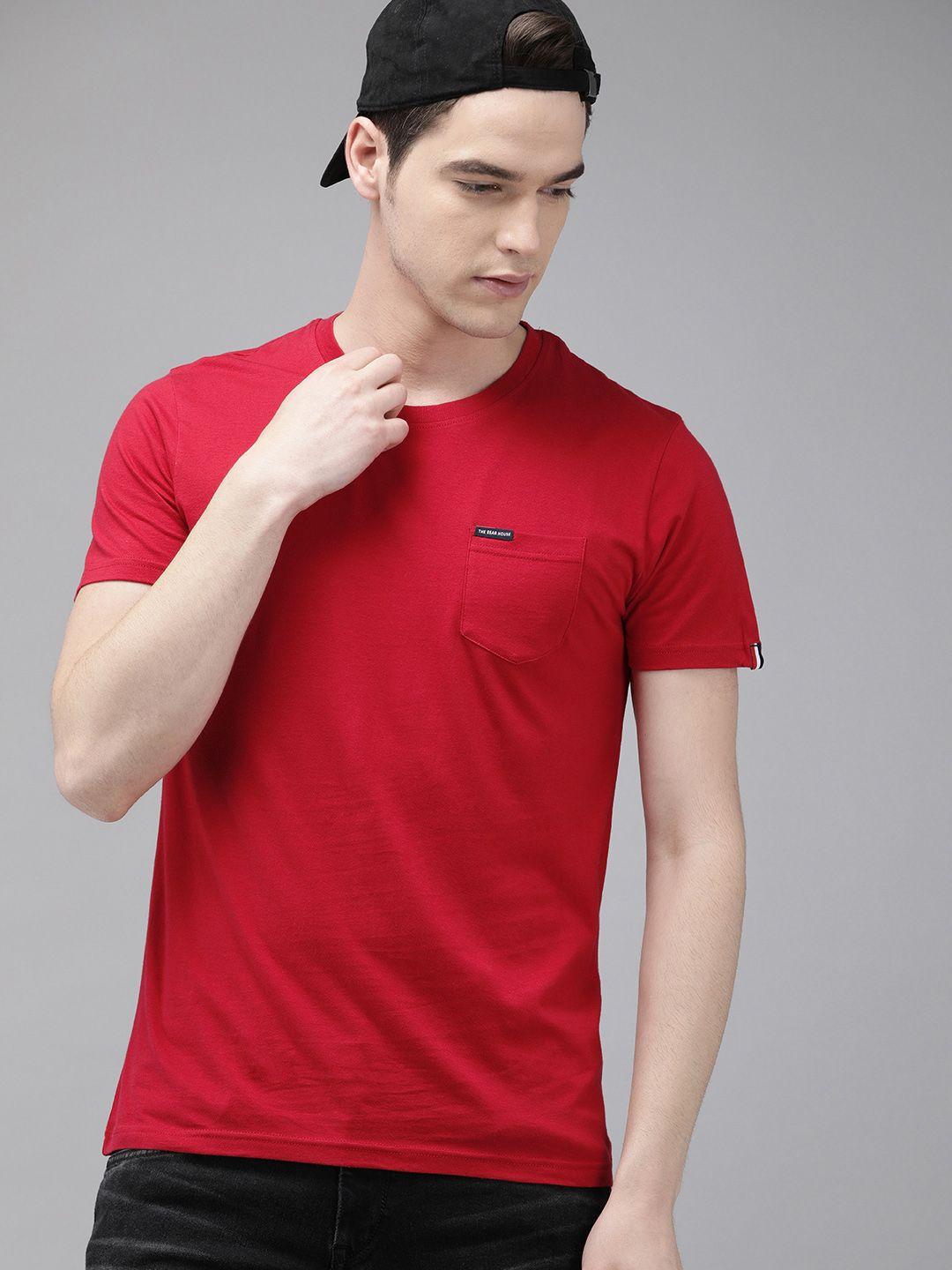 the bear house men red slim fit solid round neck t-shirt