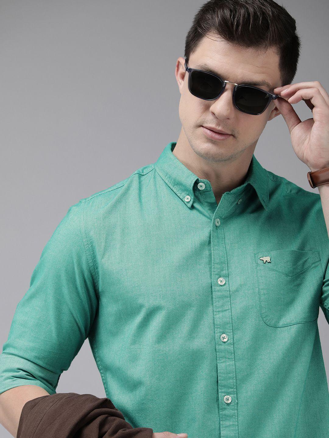 the bear house men sea green pure cotton solid slim fit casual shirt