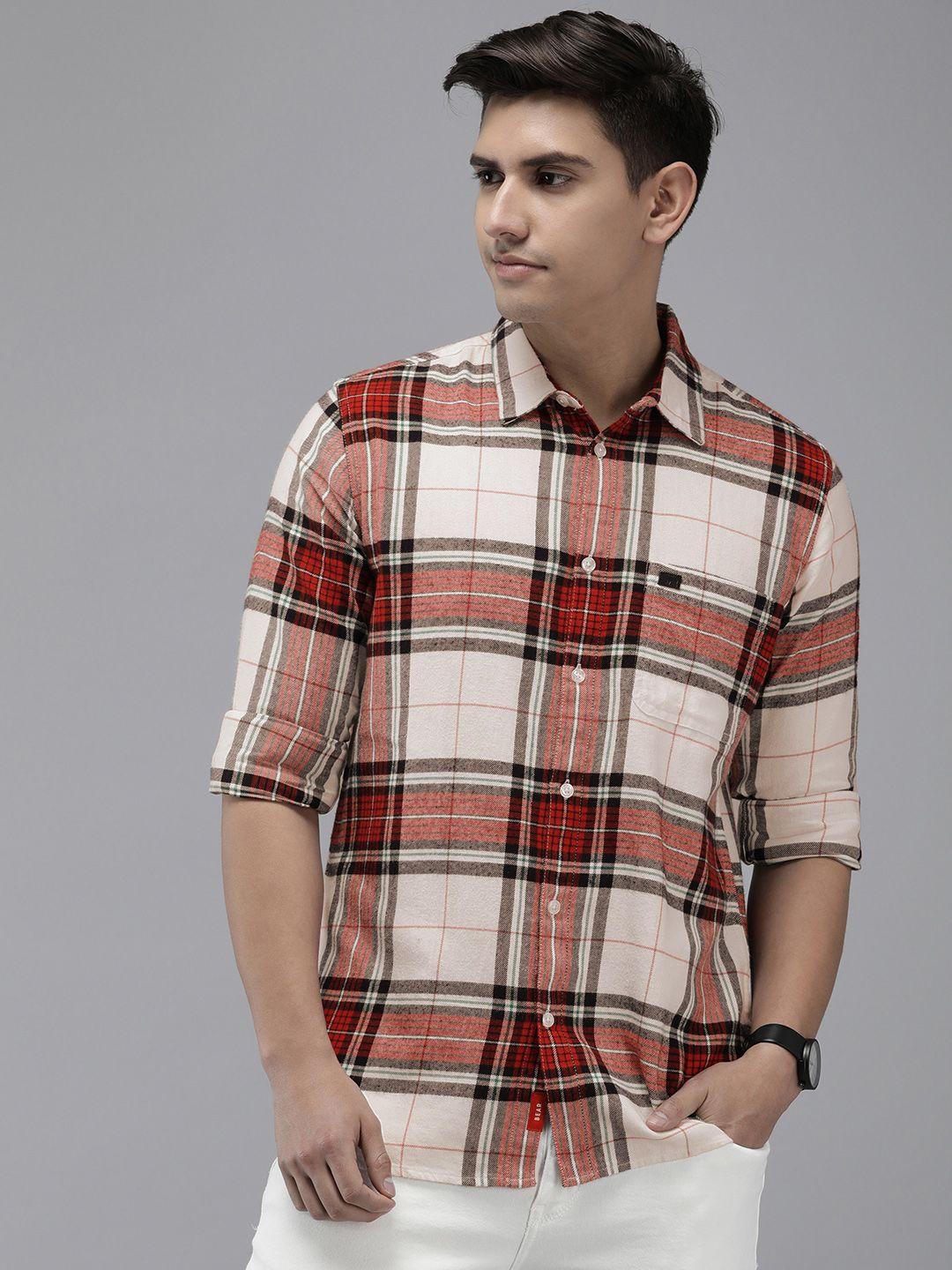 the bear house men slim fit flannel pure cotton checked casual shirt