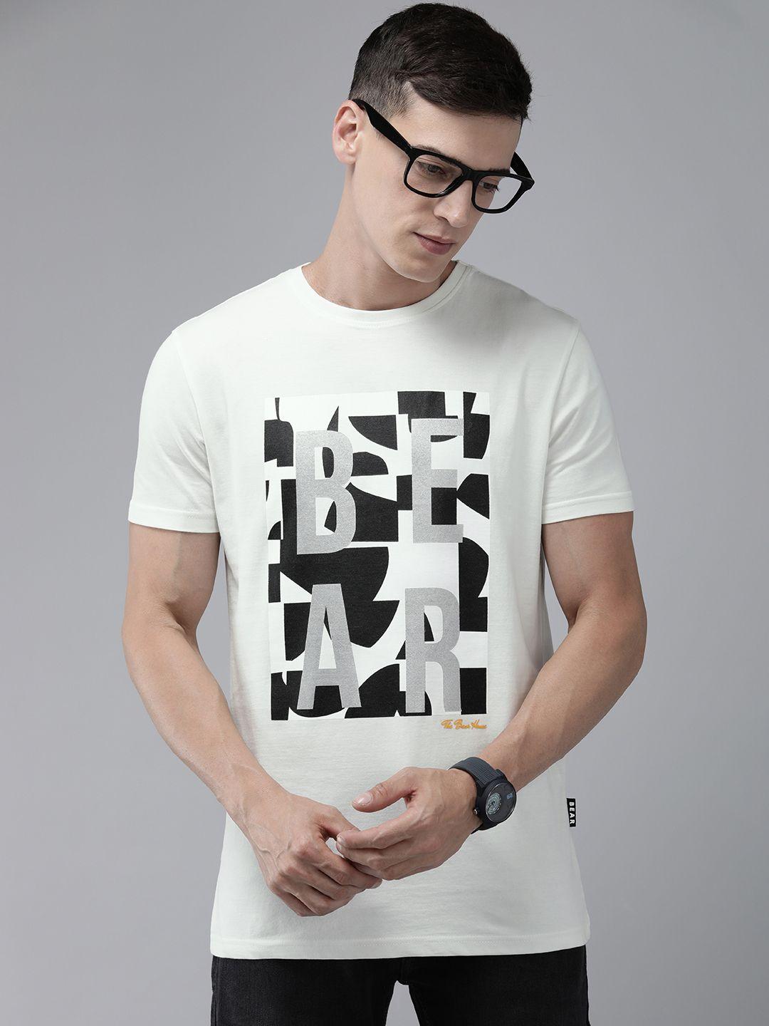 the bear house men white & black printed pure cotton slim fit t-shirt