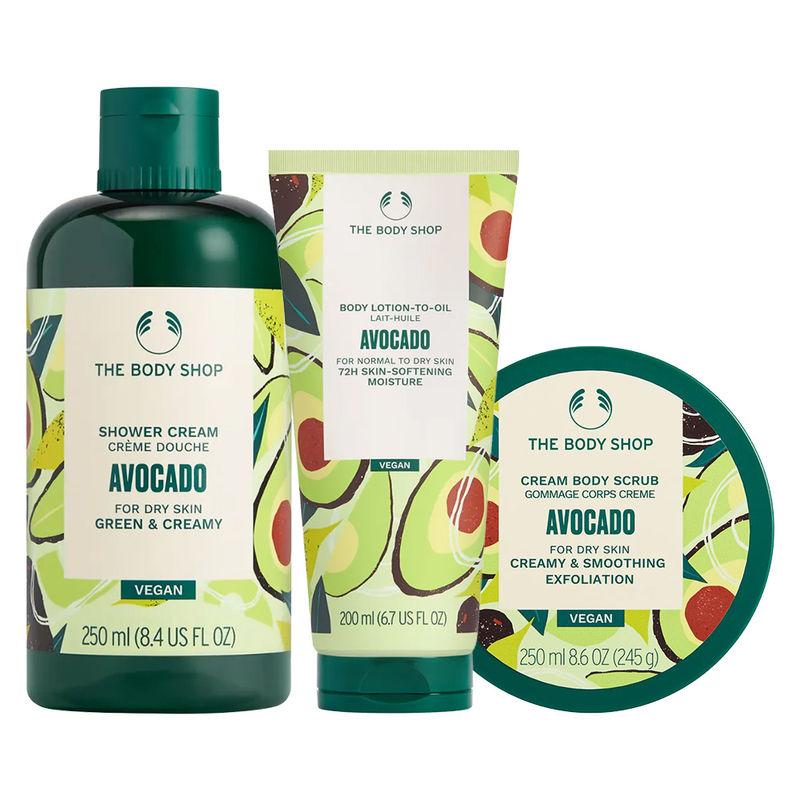 the body shop avocado body scrub, lotion & shower cream combo