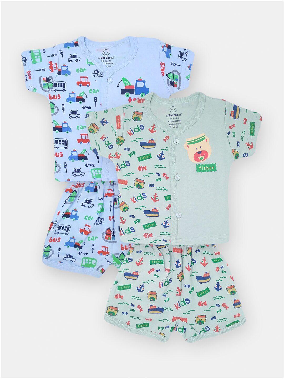 the boo club kids pack of 2 blue & green pure cotton printed t-shirt with shorts