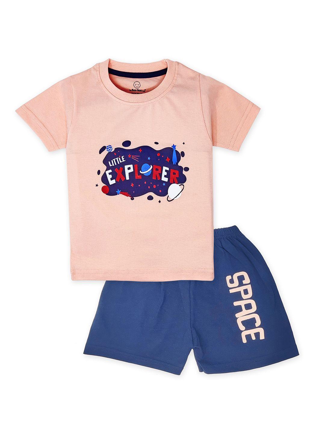 the boo club kids peach-coloured & blue printed t-shirt with shorts