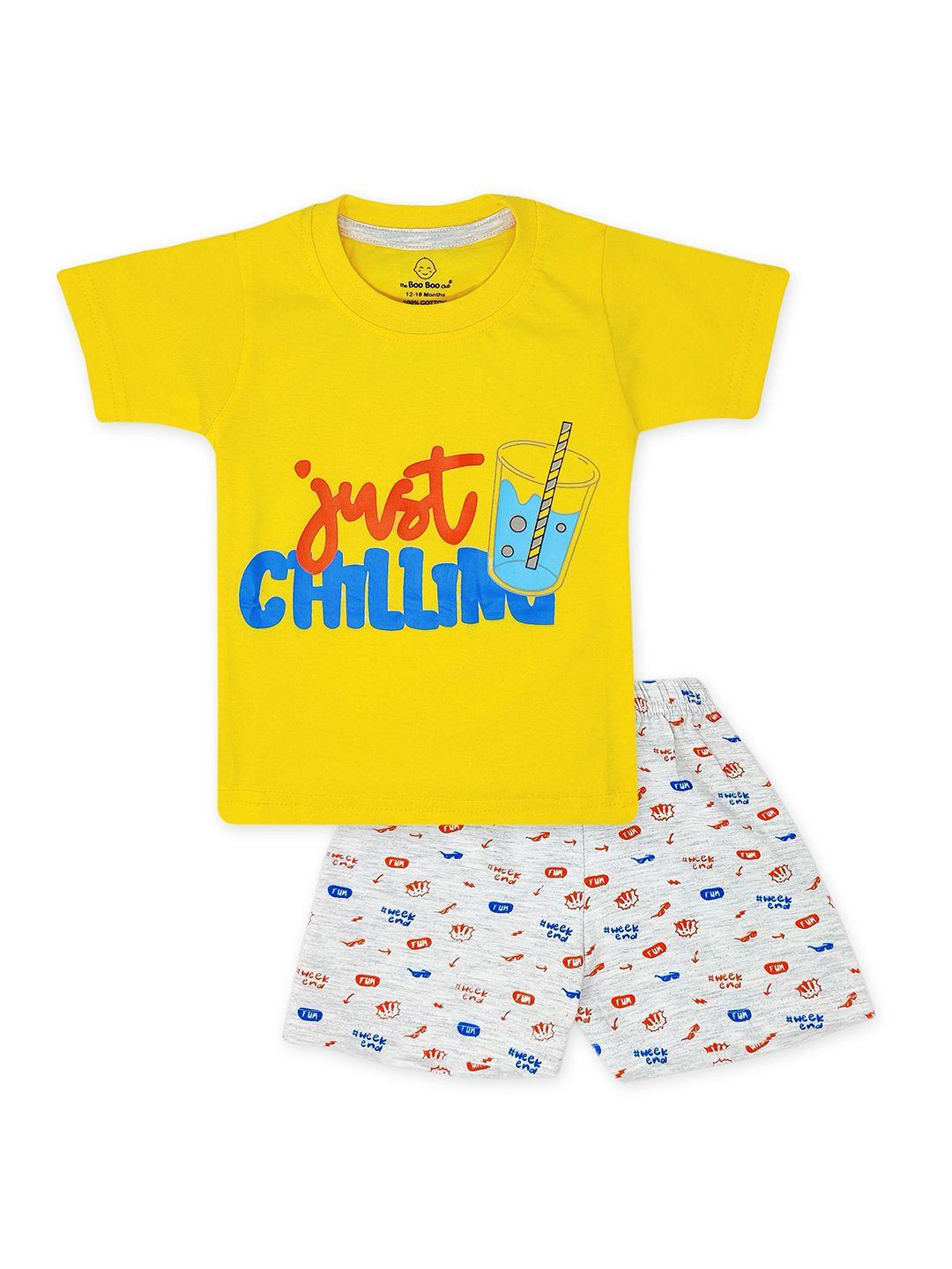 the boo club kids yellow & white printed pure cotton t-shirt with shorts