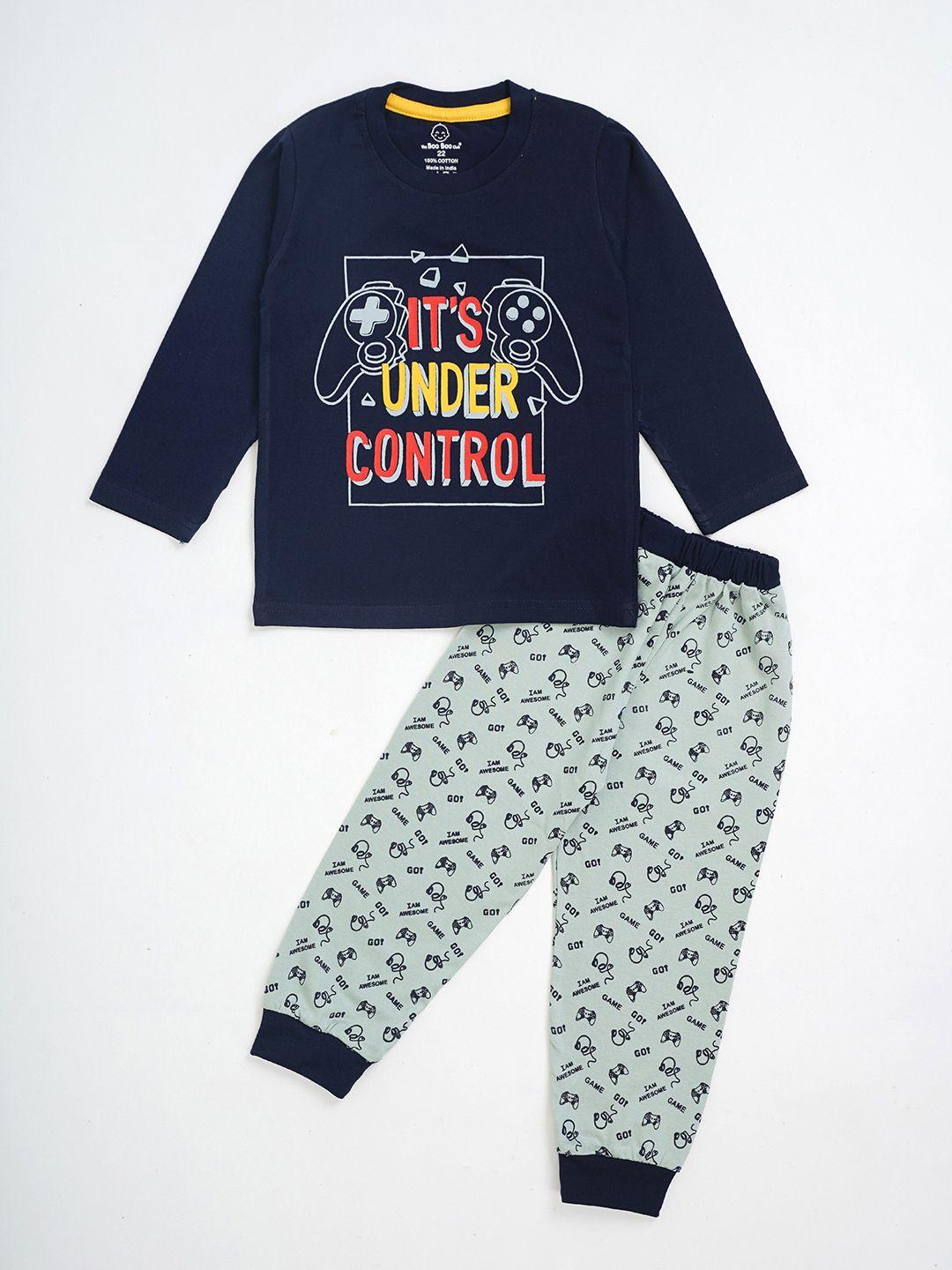 the boo club set of 2  unisex kids navy blue & red printed t-shirt with pyjamas