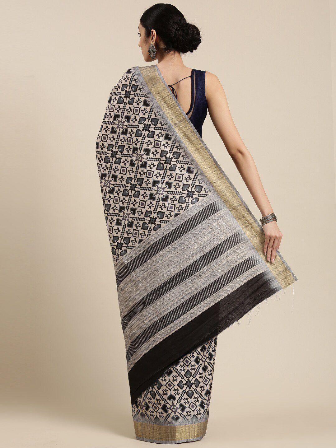 the chennai silks beige & black zari printed chanderi saree