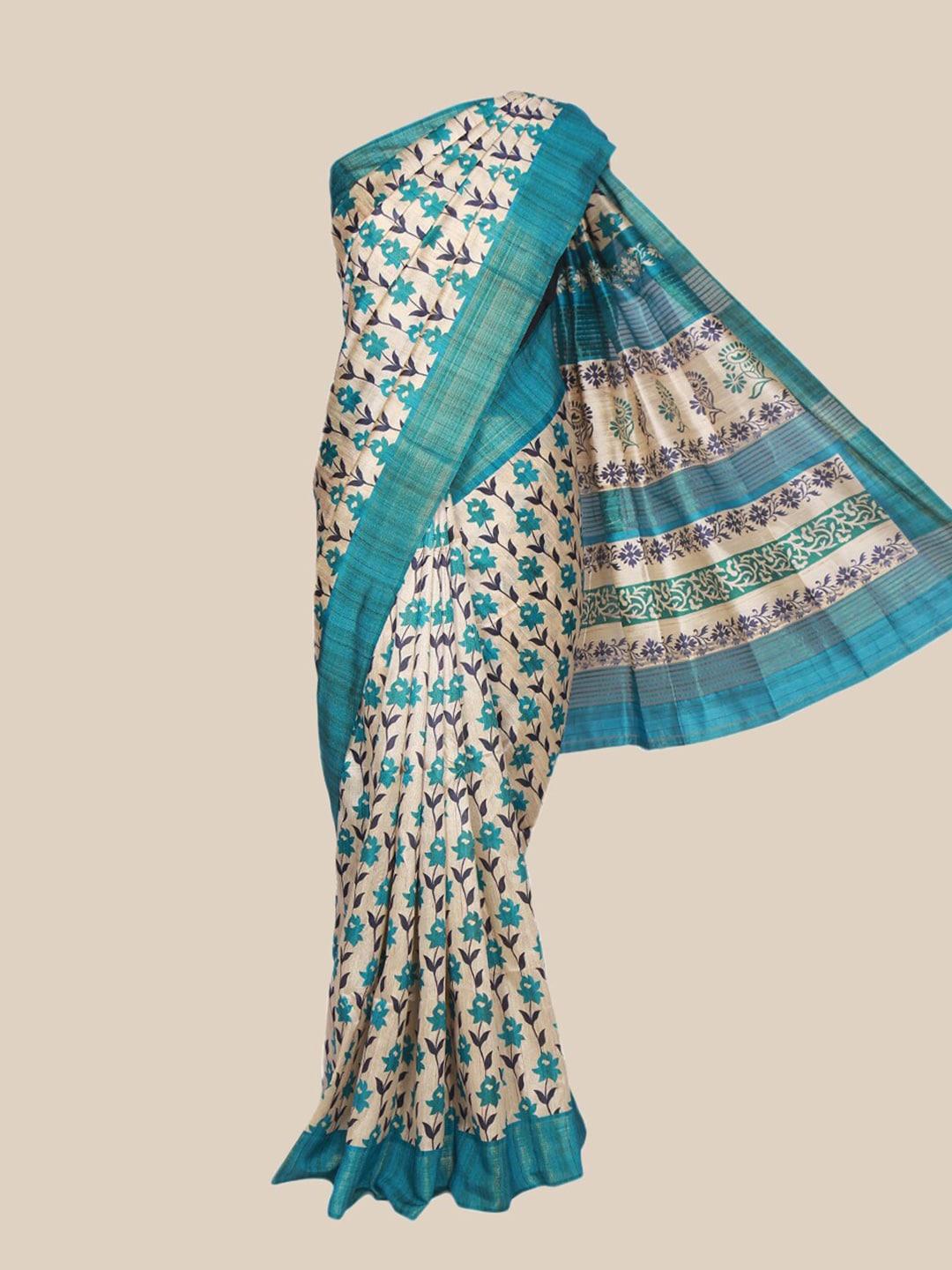 the chennai silks beige & blue floral fusion saree