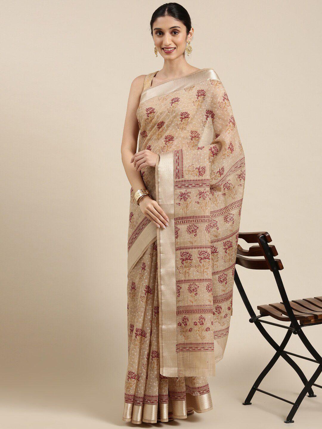 the chennai silks beige & brown floral zari pure cotton saree