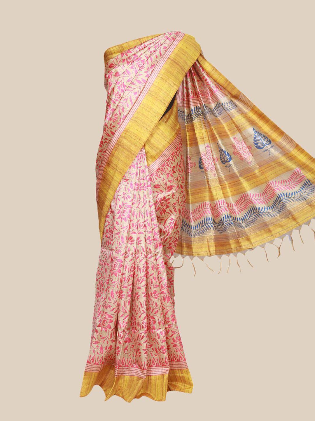 the chennai silks beige & pink floral printed  saree
