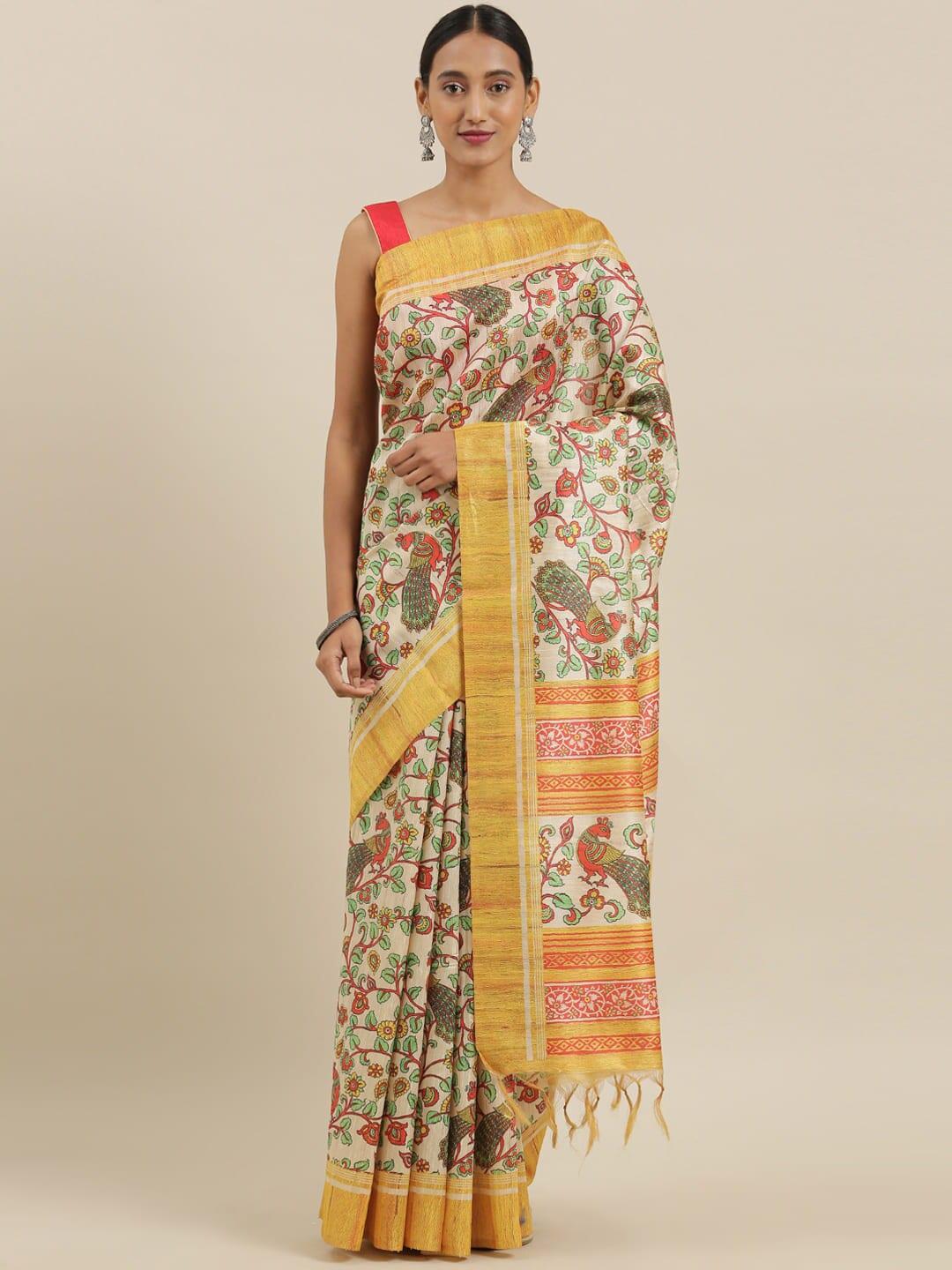the chennai silks beige & yellow floral printed zari banarasi saree