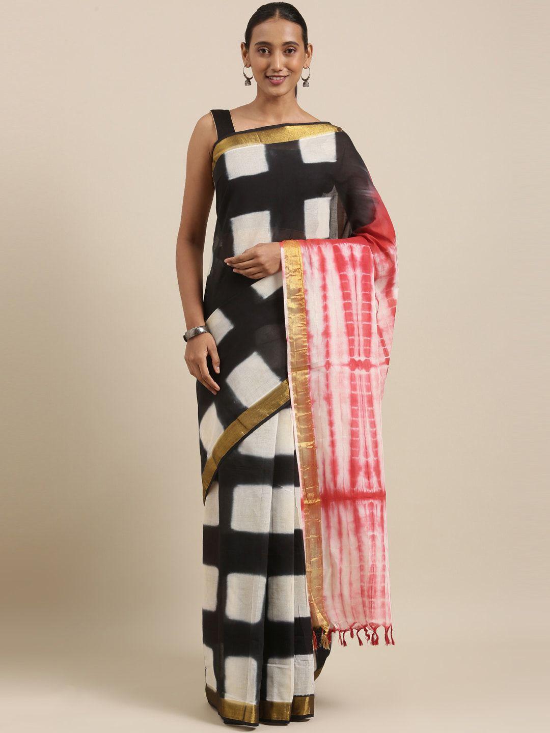 the chennai silks black & white pure geometric printed cotton saree