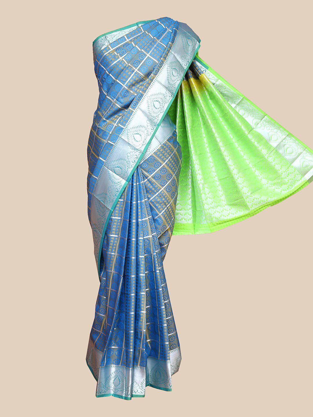 the chennai silks blue & green checked zari art silk saree