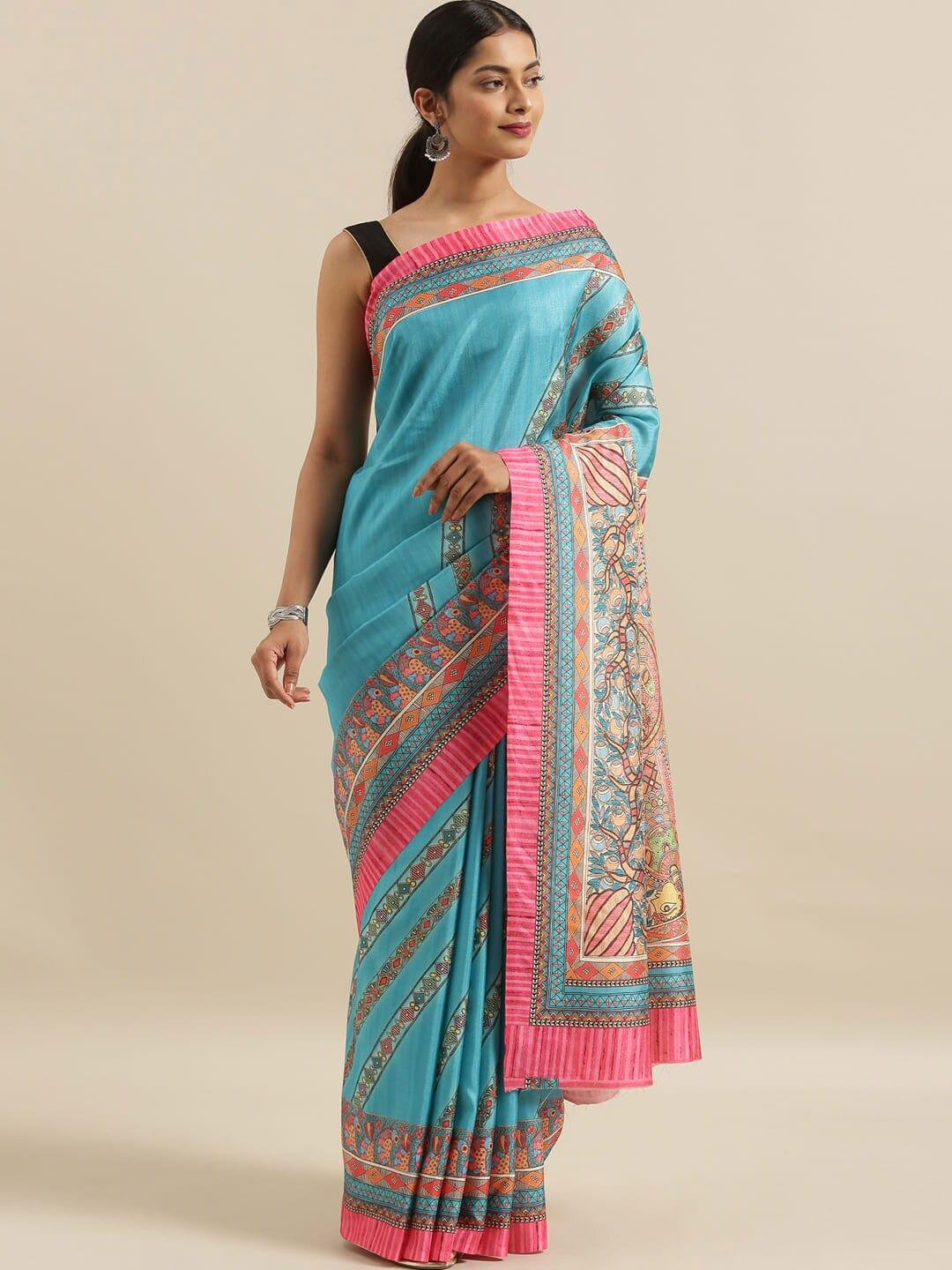 the chennai silks blue & pink kalamkari printed saree