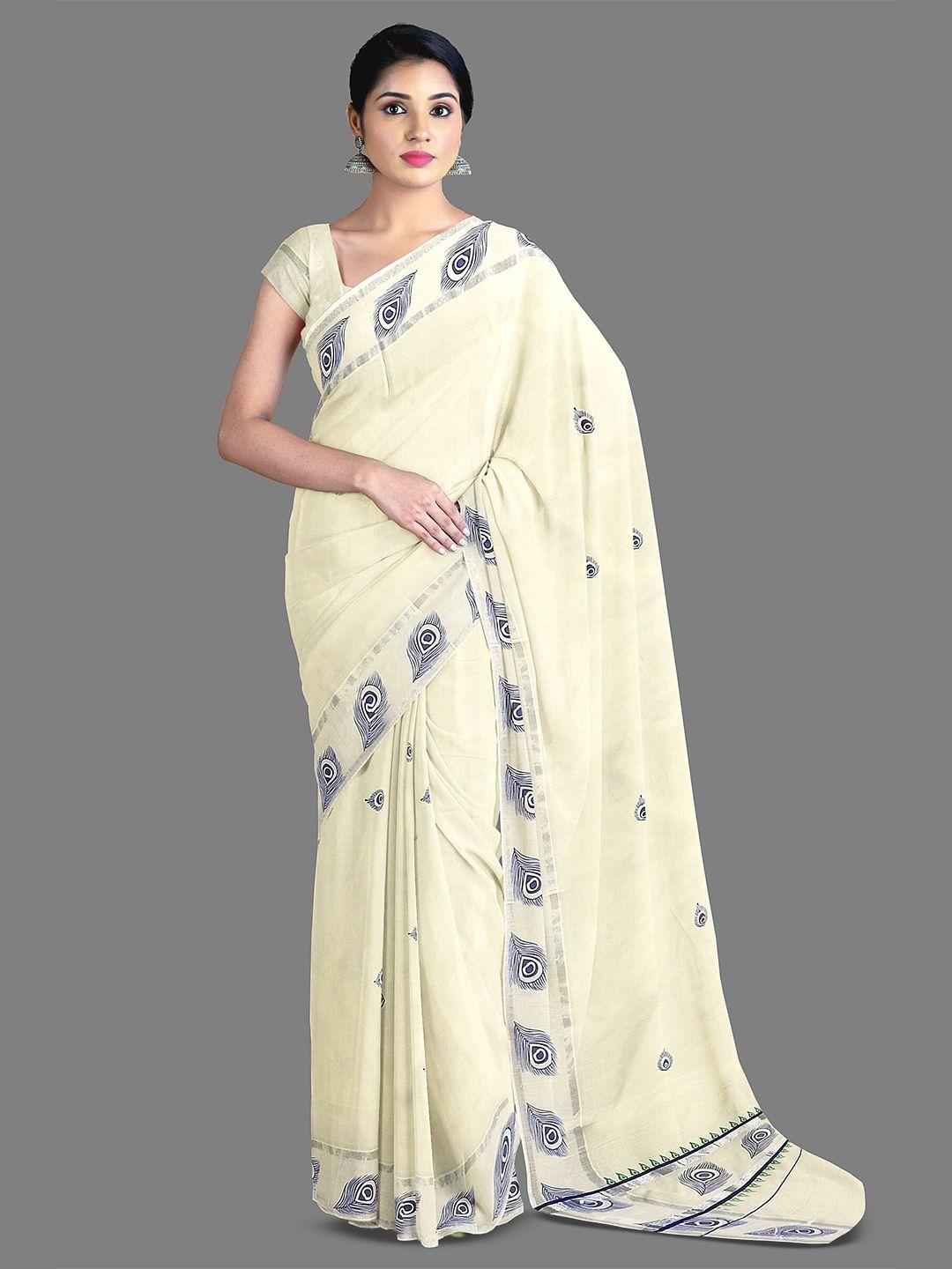 the chennai silks ethnic motifs printed pure cotton kasavu saree