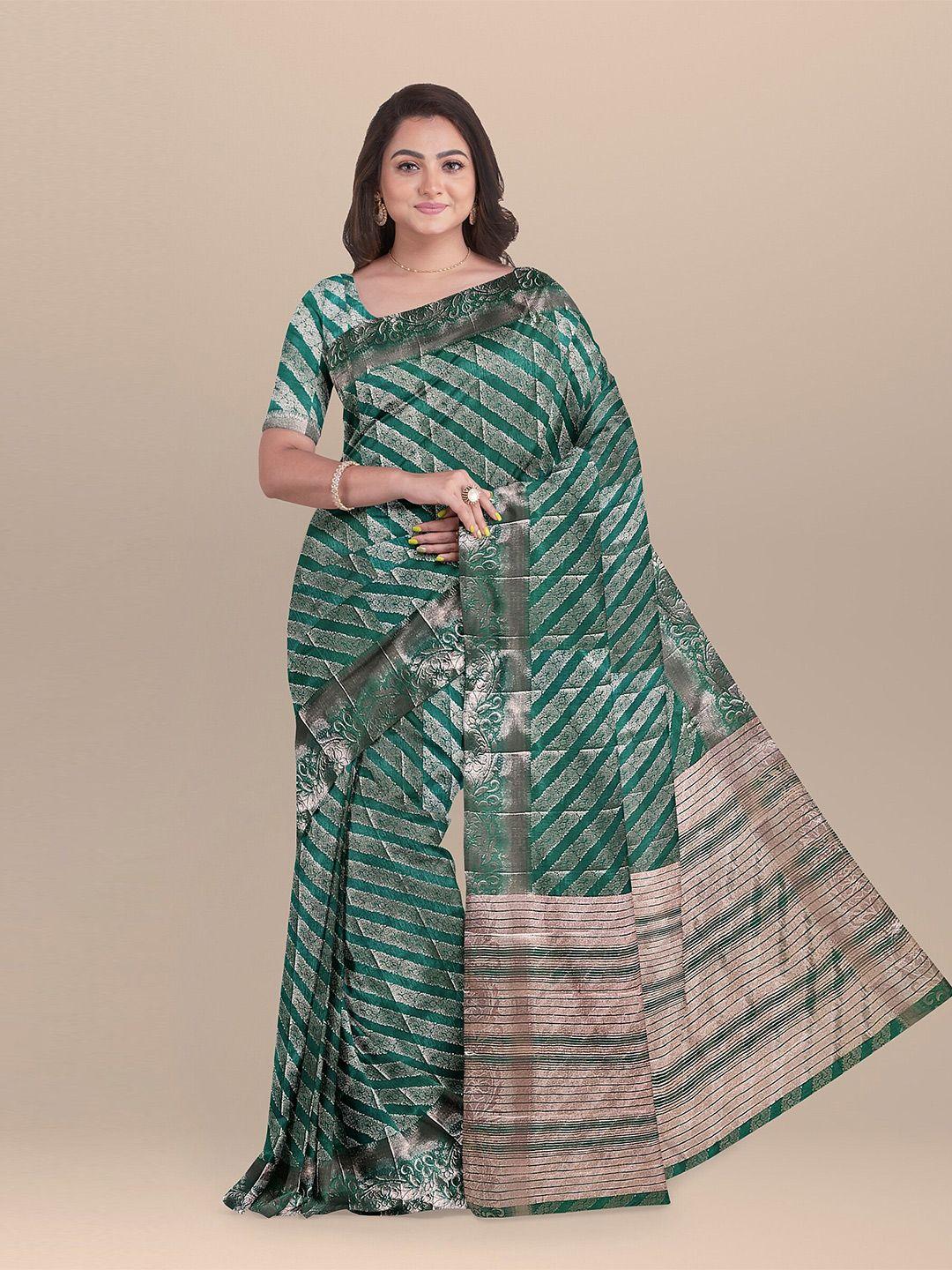 the chennai silks green & gold-toned striped zari jute cotton fusion saree