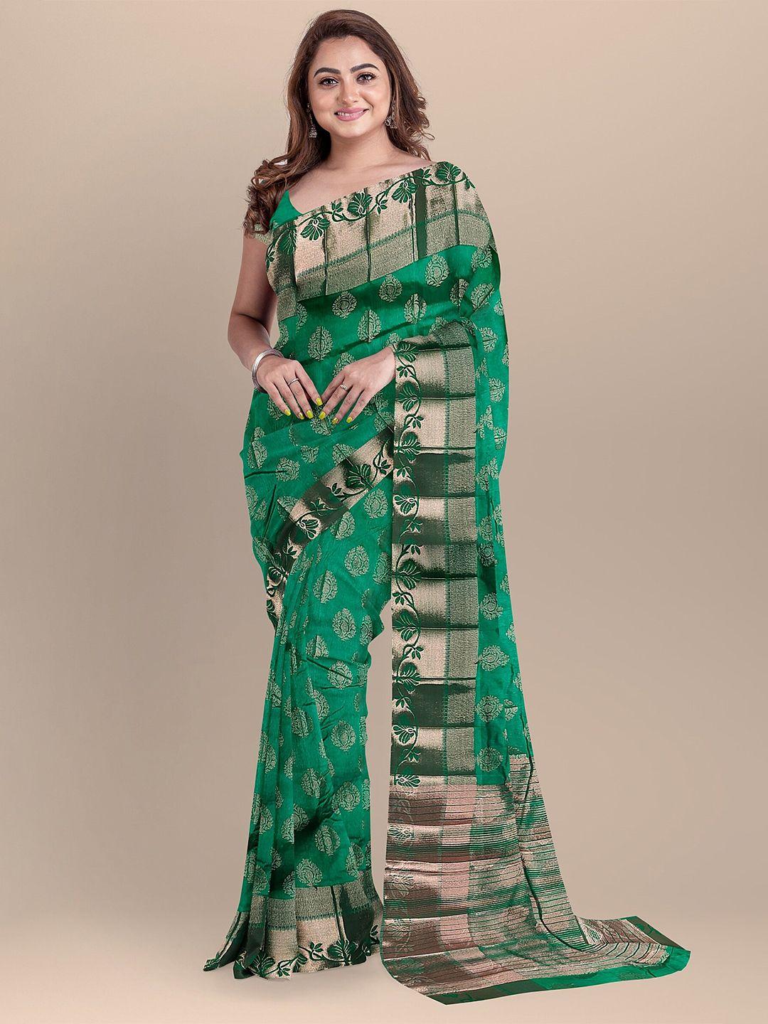 the chennai silks green & gold-toned woven design zari jute cotton fusion saree