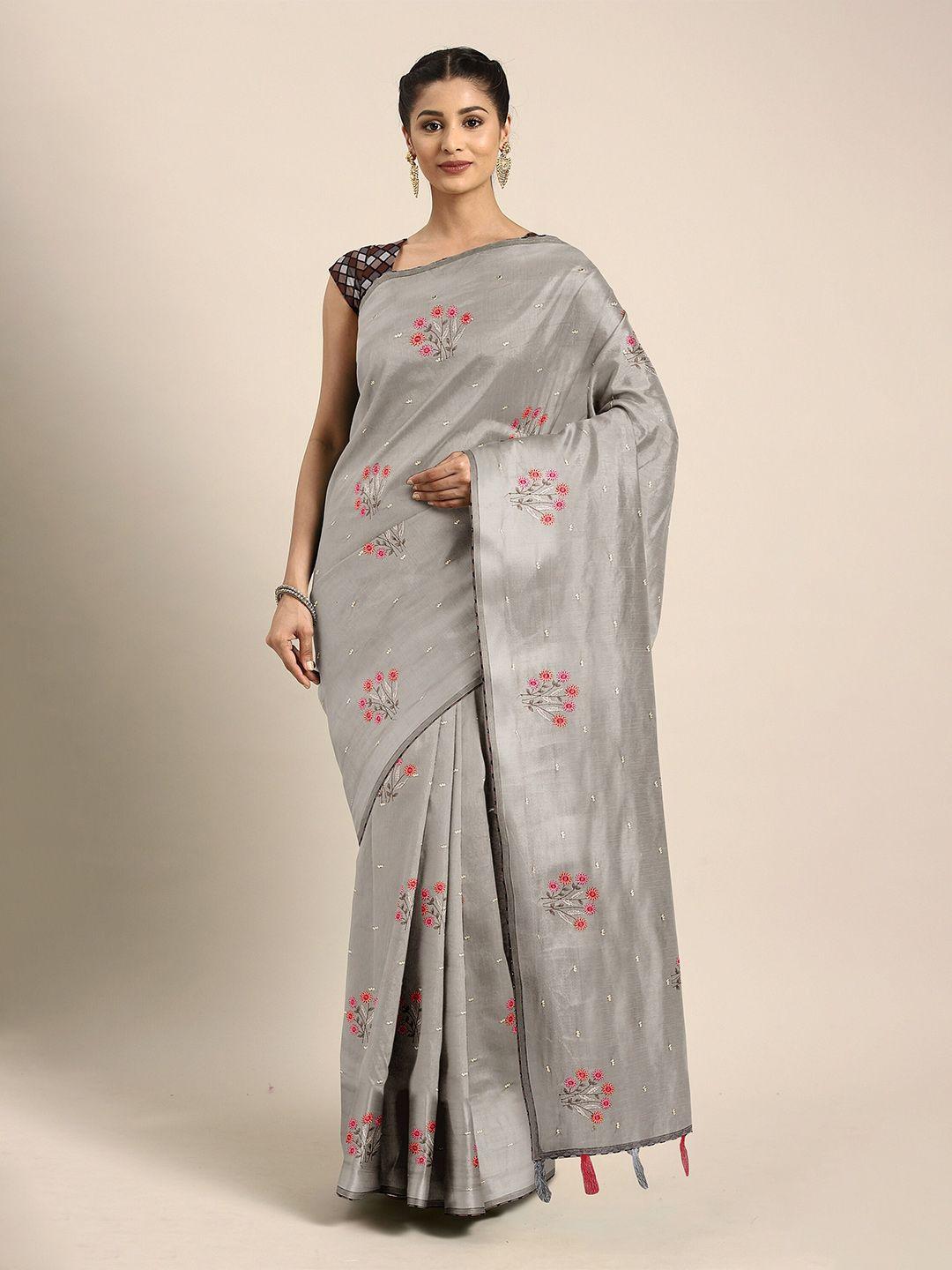 the chennai silks grey & red floral embroidered supernet kota saree