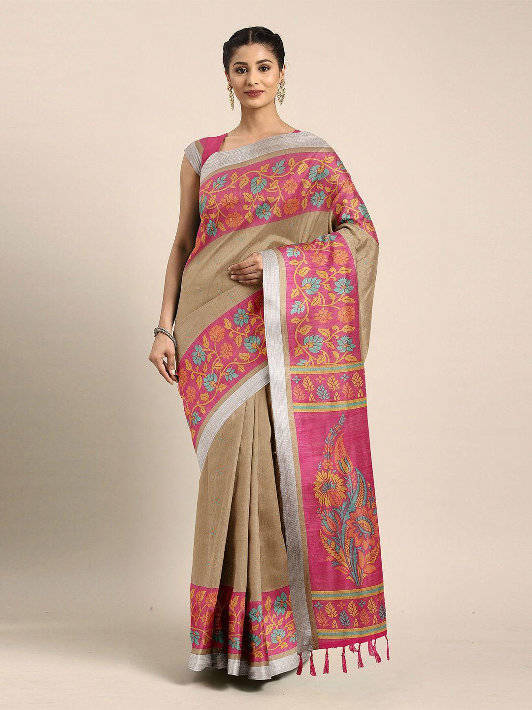the chennai silks khaki & pink floral zari bhagalpuri saree